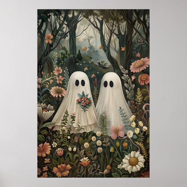 Bröllopsspöken i blomster skog konsttryck, Mörk Poster (Framsidan)