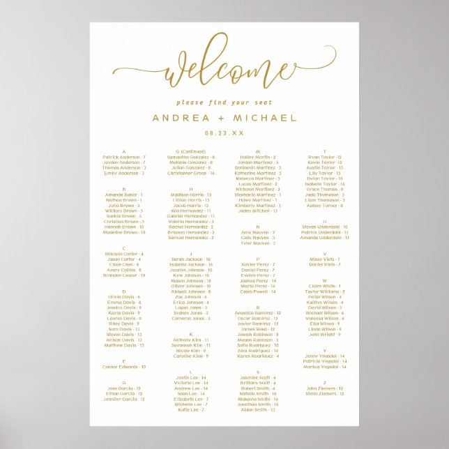 Bröllopsställningsdiagram Guld Bouncy Script Poster (Framsidan)