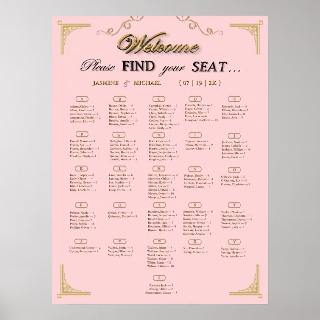 Bröllopsställningsdiagram i rosa champagneguld poster (Framsidan)