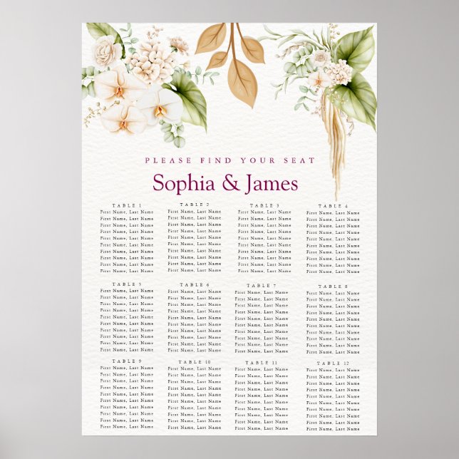 Bröllopsställningsdiagram med rosa blomster och gu poster (Framsidan)