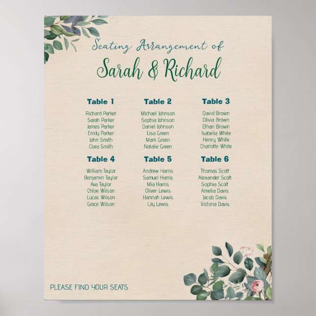 Bröllopsställningskarta i rosa och grön floristisk poster (Framsidan)