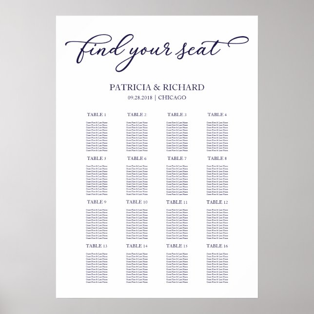 Bröllopsställningsschema-tecken Chic Navy Blue Poster (Framsidan)