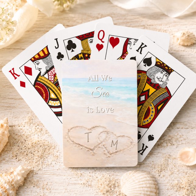 Bröllopsstrand Hjärtan Sand Monogram  Casinokort (Skapare uppladdad)