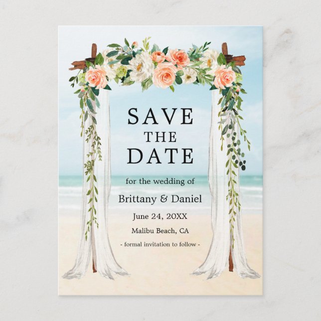 Bröllopsstrandkapell Vattenfärg Korall Vit Blomma Meddelande Vykort (Framsida)