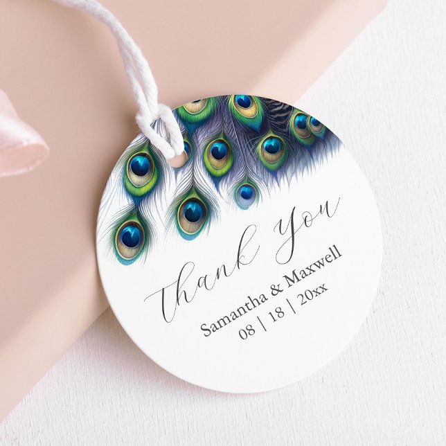 Bröllopssupportrar Märkre Peacock Feathers Gåvor Etiketter (Watercolor peacock favor tags in shades of royal blue, green and purple personalized)