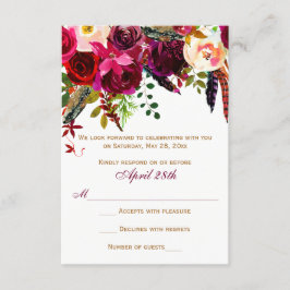Bröllopssvarskort - Vinröda blommor, Fjädrar Inbjudningar