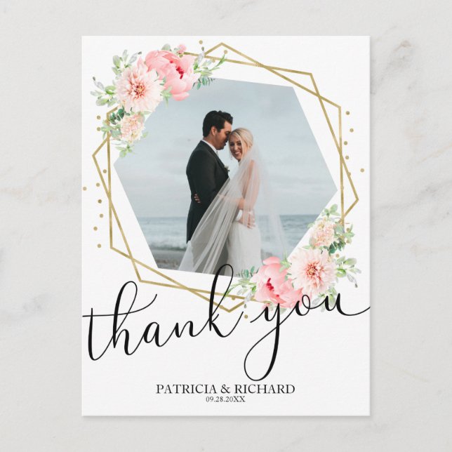 Bröllopstak Blush Blommig Guld Folie Geometrisk Vykort (Framsida)