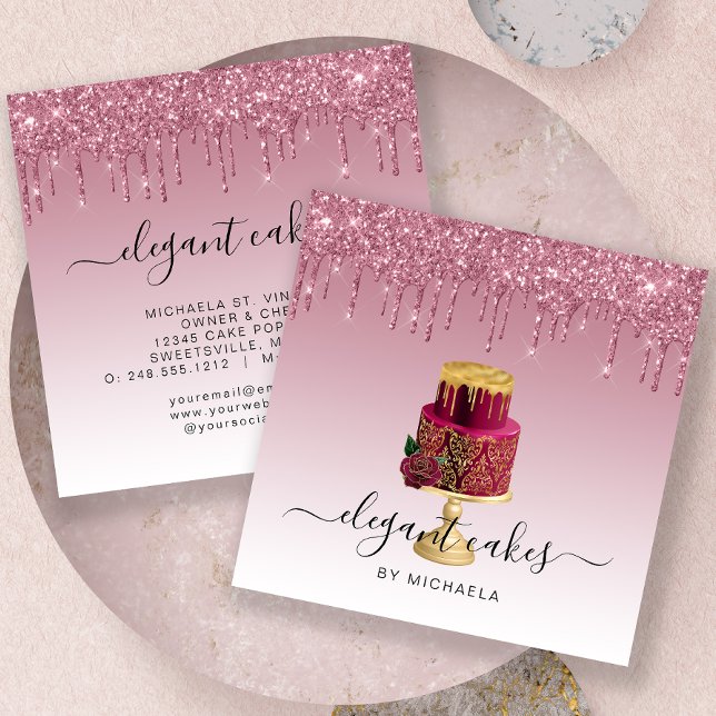 Bröllopstårta Glitter Dropp Burgunder Bageri Fyrkantigt Visitkort (Skapare uppladdad)