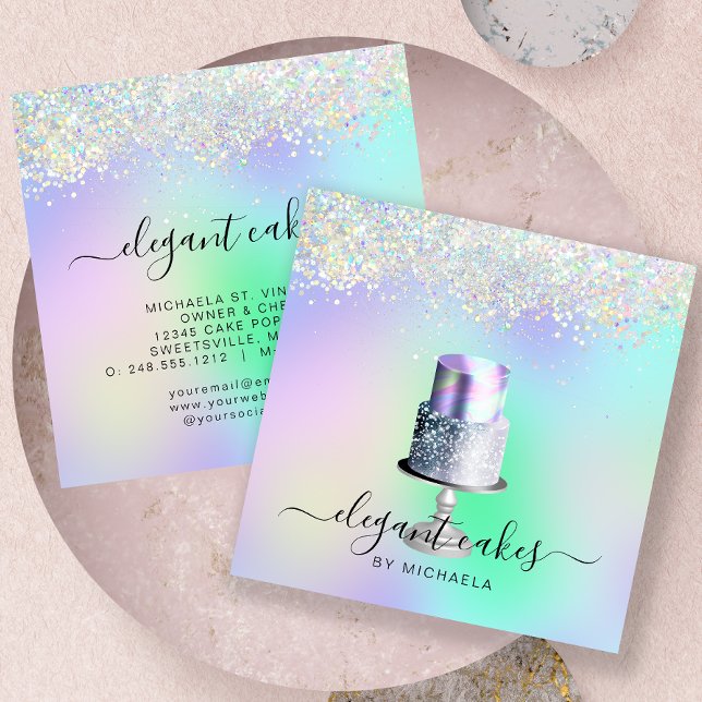 Bröllopstårta Holografisk Glitter Bageri Fyrkantigt Visitkort (Skapare uppladdad)