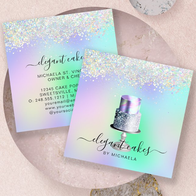 Bröllopstårta Holografisk Glitter Bageri Fyrkantigt Visitkort (Skapare uppladdad)