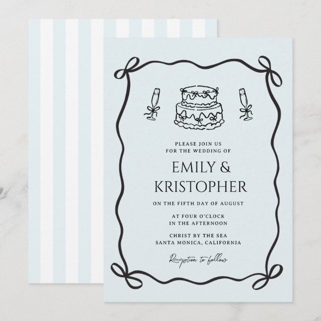 Bröllopstårta med kokettbåge inbjudningar (Fram/baksida)