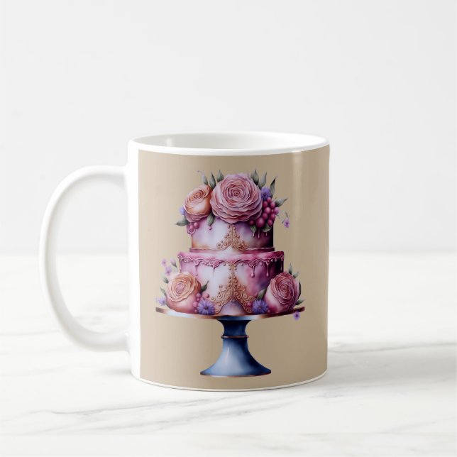 Bröllopstårta på brun bakgrund kaffemugg (Vänster)