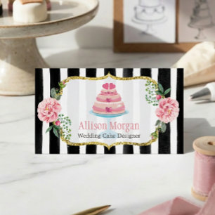 Bröllopstårtsdesign Guld Rosa Blommig Randig Visitkort