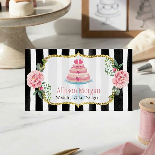 Bröllopstårtsdesign Guld Rosa Blommig Randig Visitkort (Skapare uppladdad)