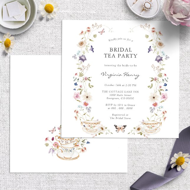 Bröllopste-partaj Inbjudningar (Elegant Floral Bridal Tea Party Invitation with Butterflies by Painted Paperie
)