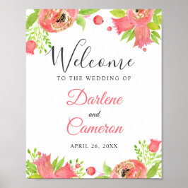 Bröllopstecken för Bright Coral Rosa Botanical Gar Poster