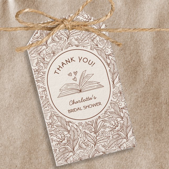 Bröllopstema Brun Blommig Litterär Bröllopsfest Presentetikett (Book Theme Brown Floral Literary Bridal Shower Gift Tags)