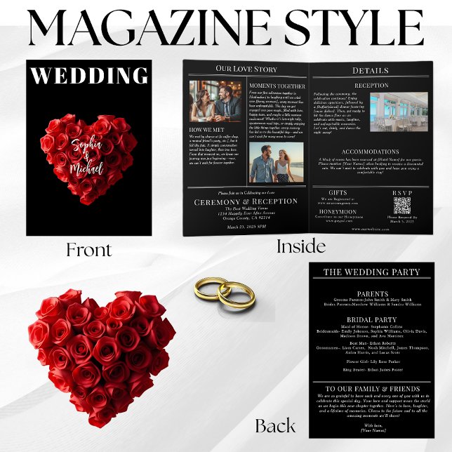 Bröllopstidning Allt i En Röda Rosor Inbjudan (Magazine Style Wedding Invitation- Red Roses in the Shape of a Heart)