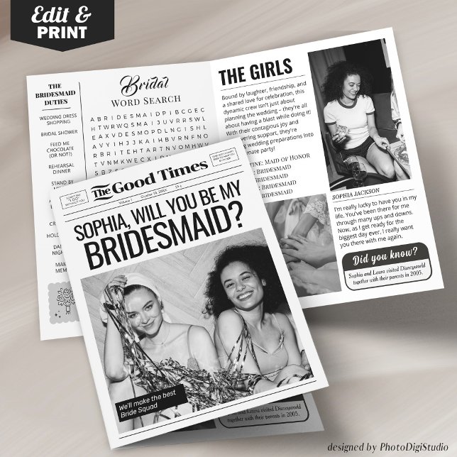 Bröllopstidning Brudtärna Förslag Kort 4 sidor (Editable Bridesmaid Proposal 4 pages, Custom Bridesmaid Newspaper )