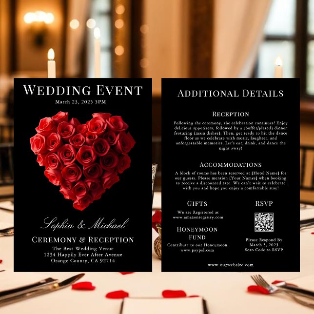 Bröllopstidskriftsomslag Allt-i-ett Inbjudningar (Wedding Invitation Red Roses in the Shape of a Heart- Black White and Red)