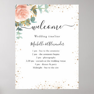 Bröllopstidsplan program roséguld blommig poster