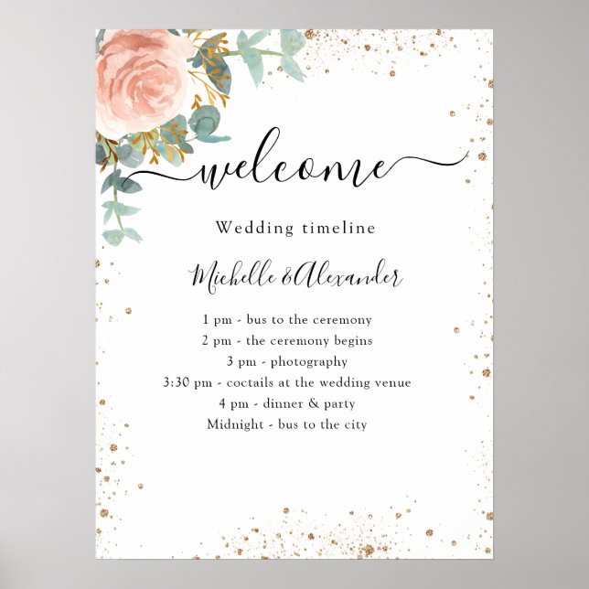 Bröllopstidsplan program roséguld blommig poster (Framsidan)