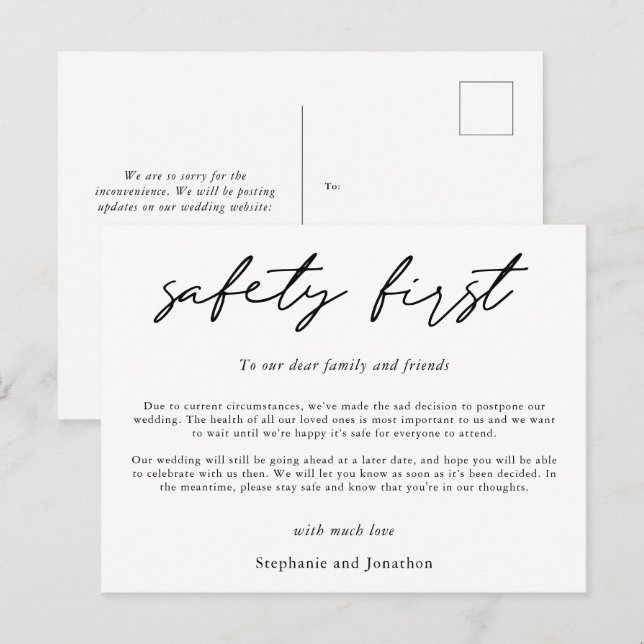 Bröllopsuppskov Säkerhet först COVID-manus Meddelande Vykort (Fram/baksida)