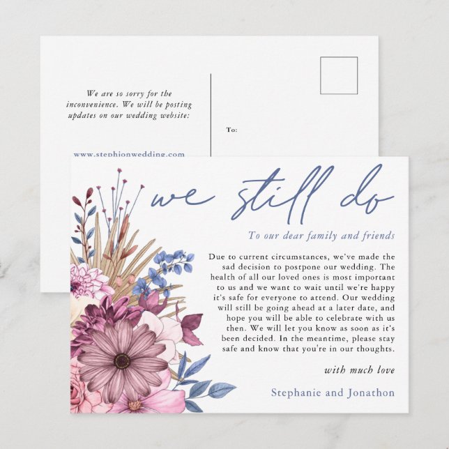 Bröllopsuppskov Vi Gör Fortfarande Manus Blommor Meddelande Vykort (Fram/baksida)