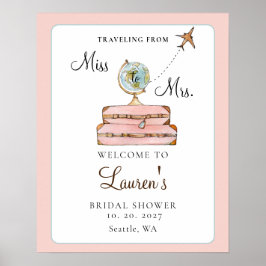 Bröllopsvälkomstskylt med rosa resväskor för 'Miss Poster