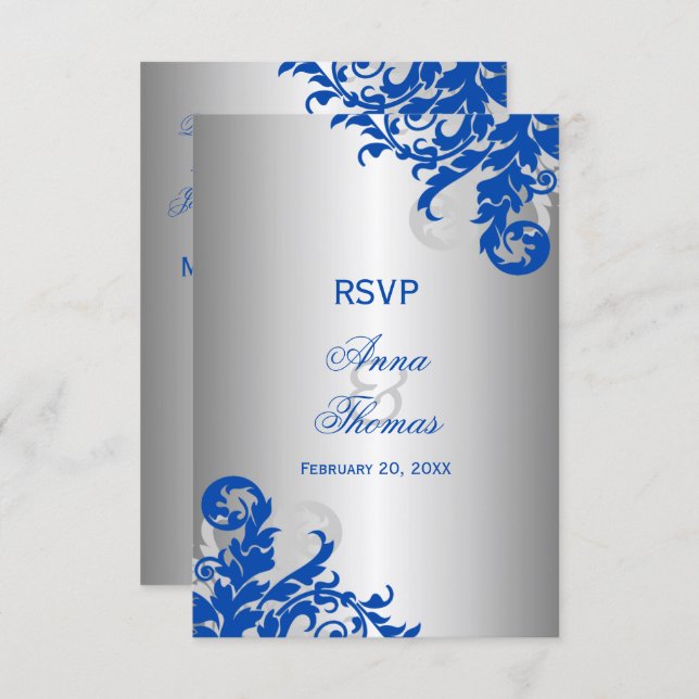 Bröllopsvar för Royal Blue och Silver Flourish OSA Kort (Fram/baksida)