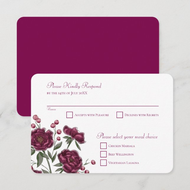 Bröllopsvar svar Maroon Rose Inbjudningar (Fram/baksida)