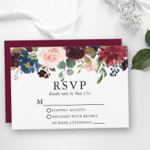 Bröllopsvattenfärg Burgunder Blå Rosa Blommig RSVP