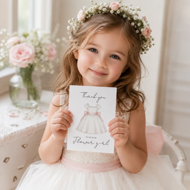 Bröllopsvattenfärg Söt Flower Girl Tack Kort (Personalized watercolor flower girl thank you card with elegant white dress and pink sash.)
