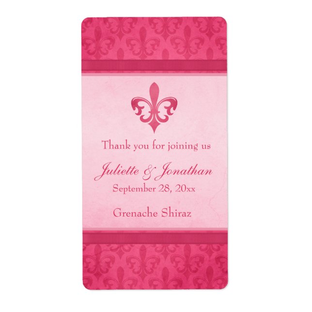 Bröllopsvin personlig etikett fleur de lis rosa fraktsedel (Framsidan)
