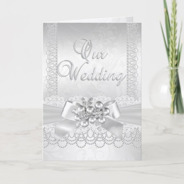 Bröllopsvit Pärlspets Damask Diamant Inbjudan (Framsida)