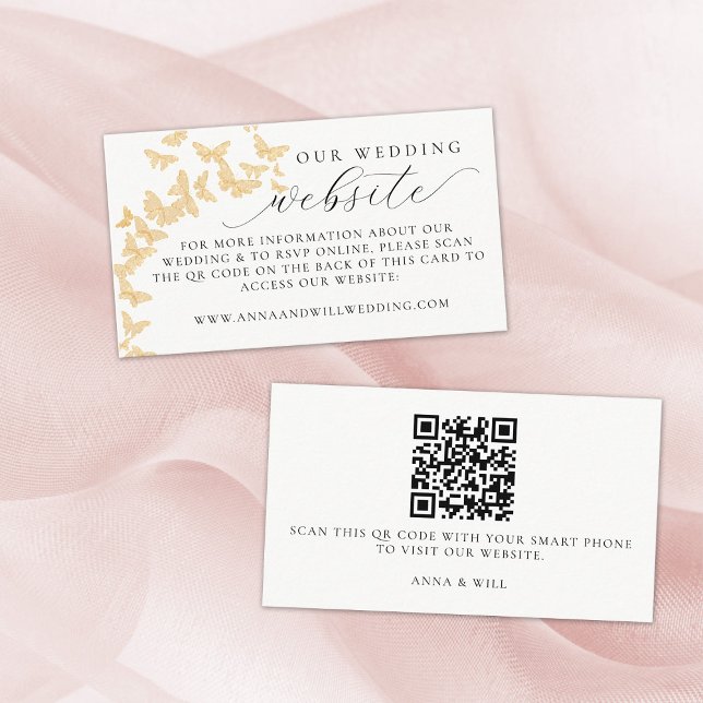 Bröllopswebbplats QR-kod Guld Fjärilar Bröllop Tilläggskort (our wedding website gold butterflies enclosure card romantic elegant boho modern simple classy)