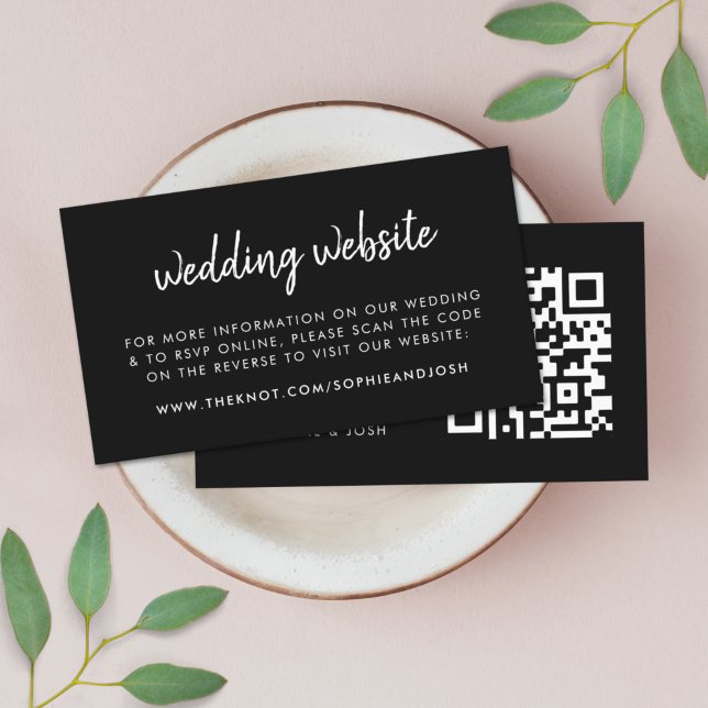 Bröllopswebbplats | RSVP QR-kod Modern Svart Tilläggskort (Modern minimal wedding website QR code enslosure cards - elegant, simple, and easily customizable)