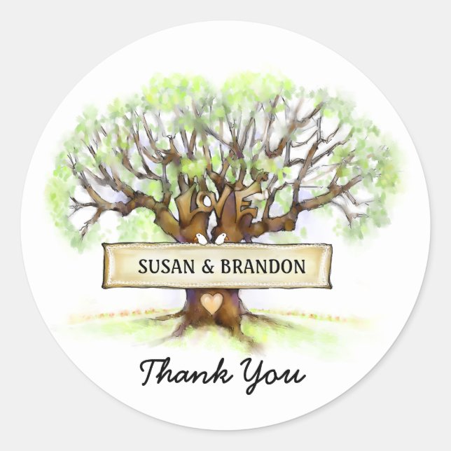 Brölloptackklistermärke - kärlekträd runt klistermärke (Framsida)