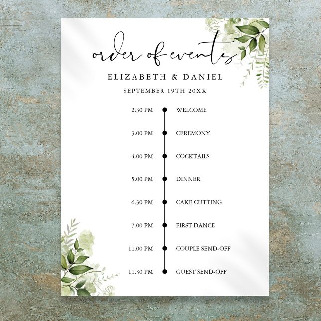 Bröllordsdisplay med grönska och blommor för hände poster (Greenery Floral Wedding Order Of Events Sign)