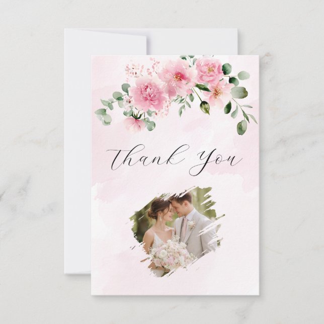 Brölloskort med rosablommig fotogratulation tack kort (Framsida)