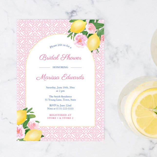 Bröllpsdusch Arch Lemons Rosa Och Vit Inbjudningar (Skapare uppladdad)