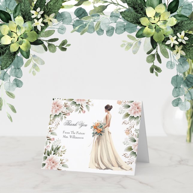 Bröllpsdusch Bröllopsklänning Tackkort (Bridal Shower Thank you card with Bride in Wedding dress. Pink White Floral)