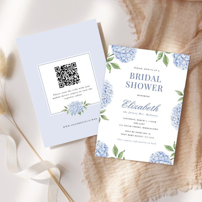 Bröllpsdusch Klassisk Blå Hortensia, QR-kod Inbjudningar (Skapare uppladdad)