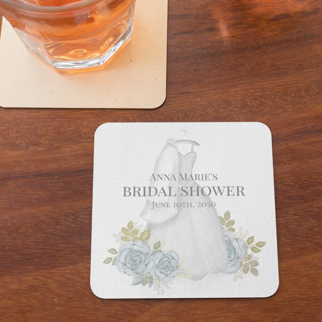 Bröllpsdusch Klassisk Elegant Blomstergudstjänst  Underlägg Papper Kvadrat (Bridal shower paper coaster with blue floral and elegant wedding dress.)