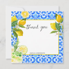 Bröllpsdusch med citron huvudklämma blå kakel  tack kort