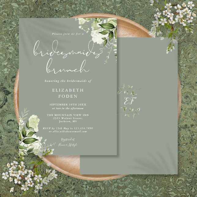 Bröllsbrynningsfrukost med grönska och blommor i s inbjudningar (Greenery Floral Sage Green Bridesmaids Brunch Invitation)