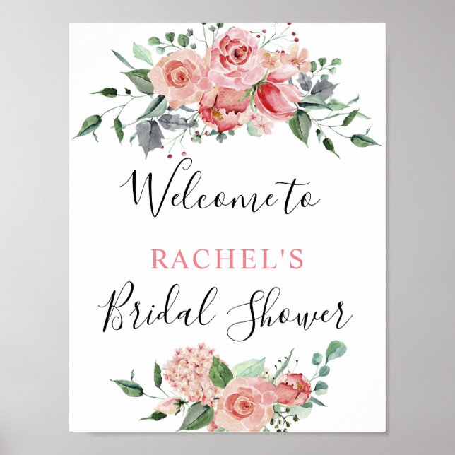 Bröllsdusch Välkommen Rosa Ros Vattenfärg Chic Poster (Framsidan)