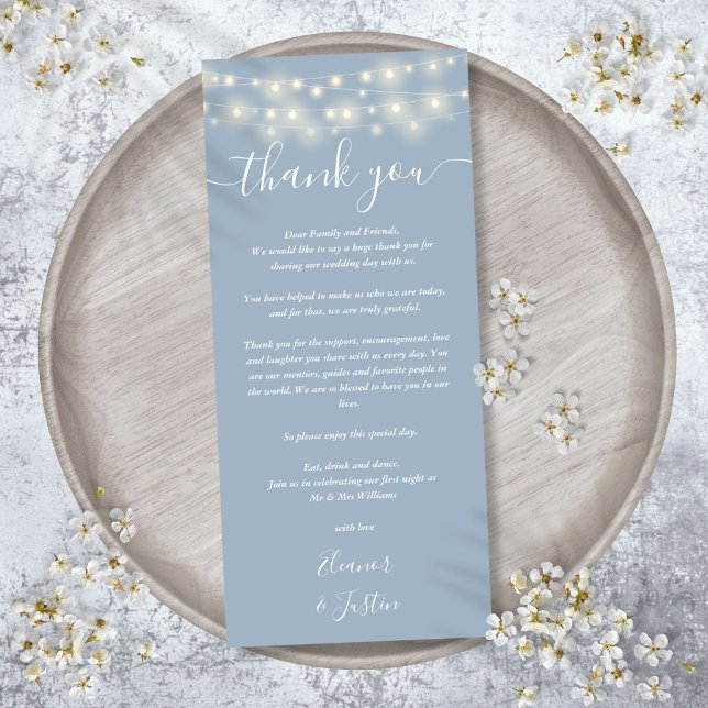 Bröllsk Tackljus Damblå Platskort Meny (Wedding Thank You Lights Dusty Blue Place Card)