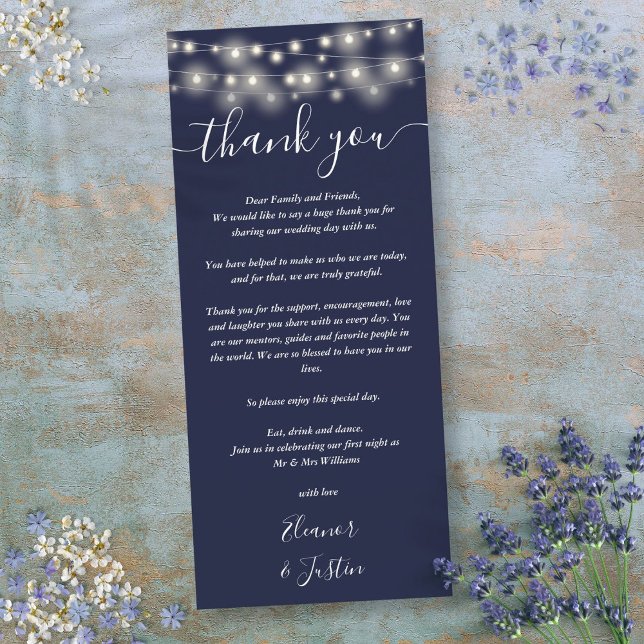 Bröllsk tackljus Navy Blue Platskort Meny (Wedding Thank You Lights Navy Blue Place Card)