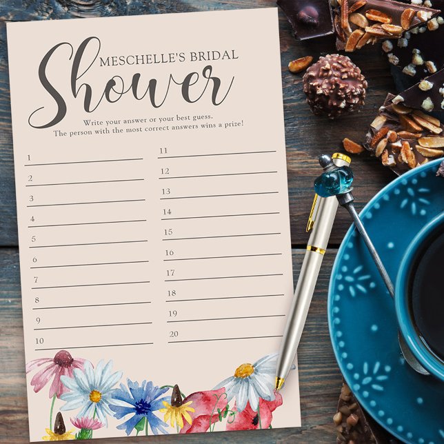 Bröllskapslek Wildflower Charm Svarskort (DIY Bridal Shower Game or Baby Shower game answer sheet from my Wildflower Charm collection)